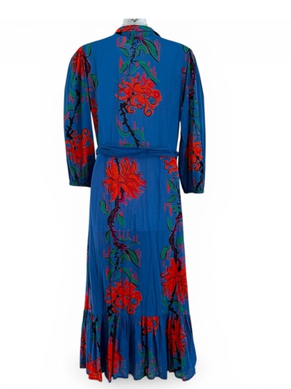 New Anthropologie Ro’s Garden Cotton Floral India Blue Red Midi Shirt Dress S - Picture 2 of 8